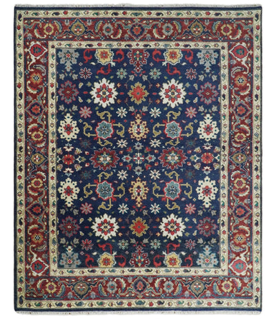 Hand Knotted Persian Oushak 8x10 Blue and Rust Large Wool Area Rug | TRDCP391810 - The Rug Decor