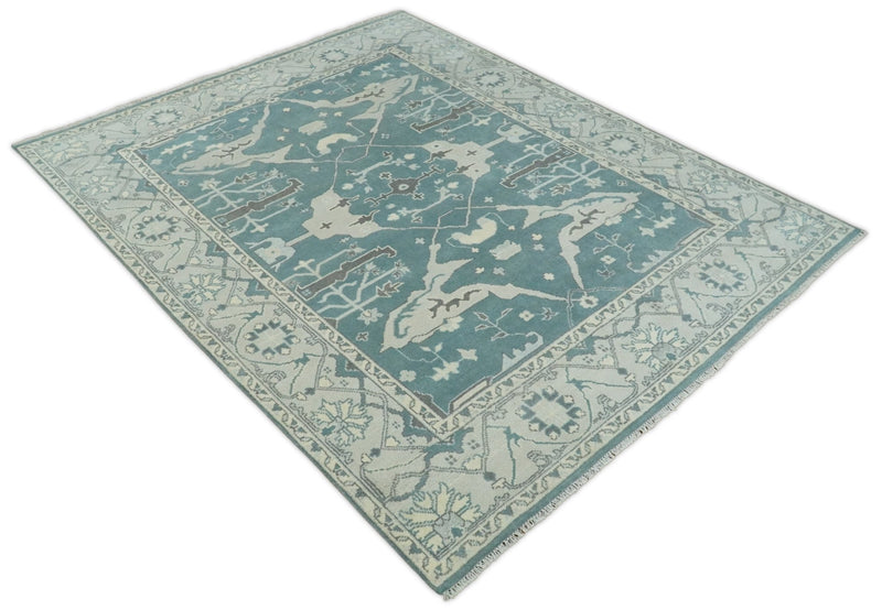 Hand Knotted Persian Oushak 8x10 Blue, Silver and Beige Large Wool Area Rug | TRDCP217810 - The Rug Decor