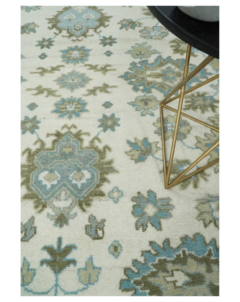 Hand Knotted Persian Oushak 8x10 Ivory and Blue Large Wool Area Rug | TRDCP251810 - The Rug Decor