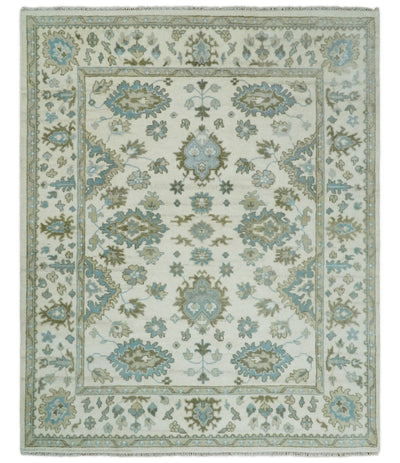 Hand Knotted Persian Oushak 8x10 Ivory and Blue Large Wool Area Rug | TRDCP251810 - The Rug Decor
