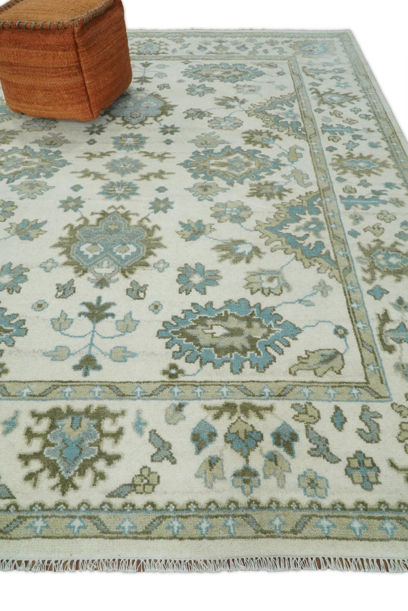 Hand Knotted Persian Oushak 8x10 Ivory and Blue Large Wool Area Rug | TRDCP251810 - The Rug Decor