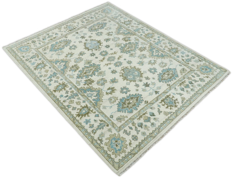 Hand Knotted Persian Oushak 8x10 Ivory and Blue Large Wool Area Rug | TRDCP251810 - The Rug Decor