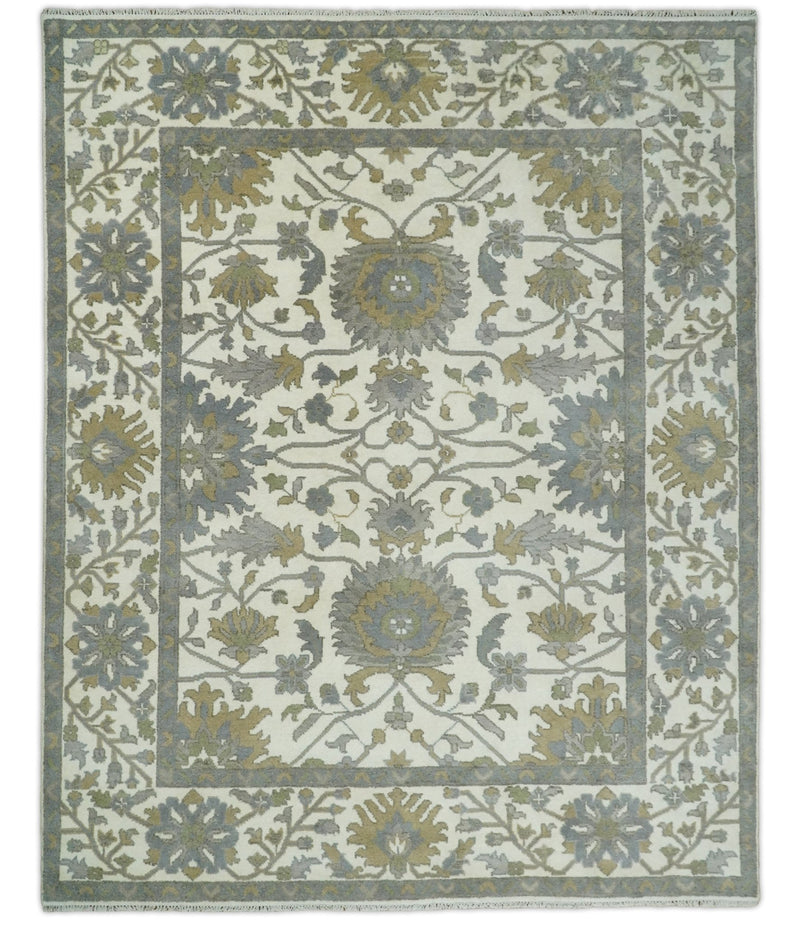Hand Knotted Persian Oushak 8x10 Ivory and Gray Large Wool Area Rug | TRDCP232810 - The Rug Decor