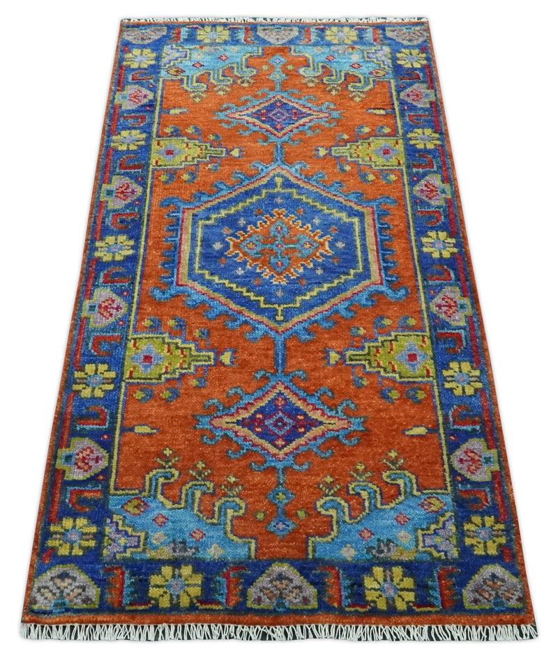 Hand Knotted Rust, Blue and Olive Traditional 3x6 Antique Wool Area Rug - The Rug Decor