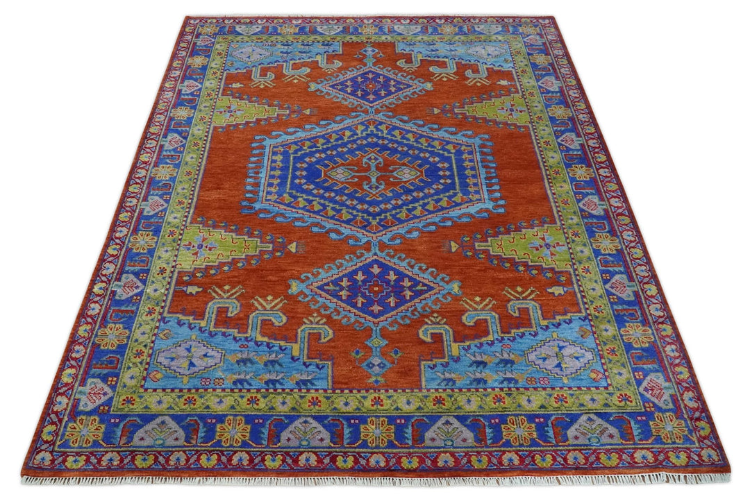 Rust And Olive Rug Hand Knotted Rust, Blue and Olive Traditional 9x12 Antique Wool Rug ...