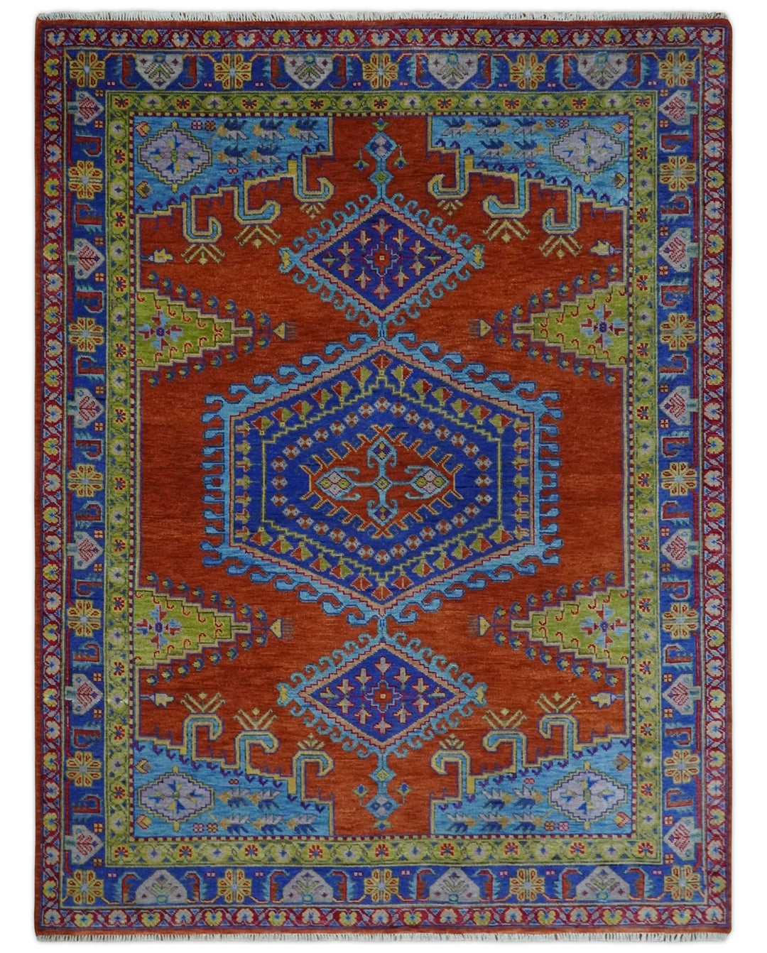 Rust And Olive Rug Hand Knotted Rust, Blue and Olive Traditional 9x12 Antique Wool Rug ...