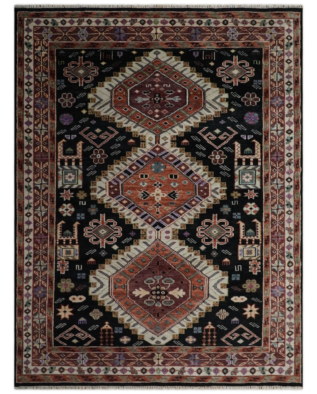 Hand Knotted Rust, Ivory and Black Traditional Heriz Wool Area Rug - The Rug Decor