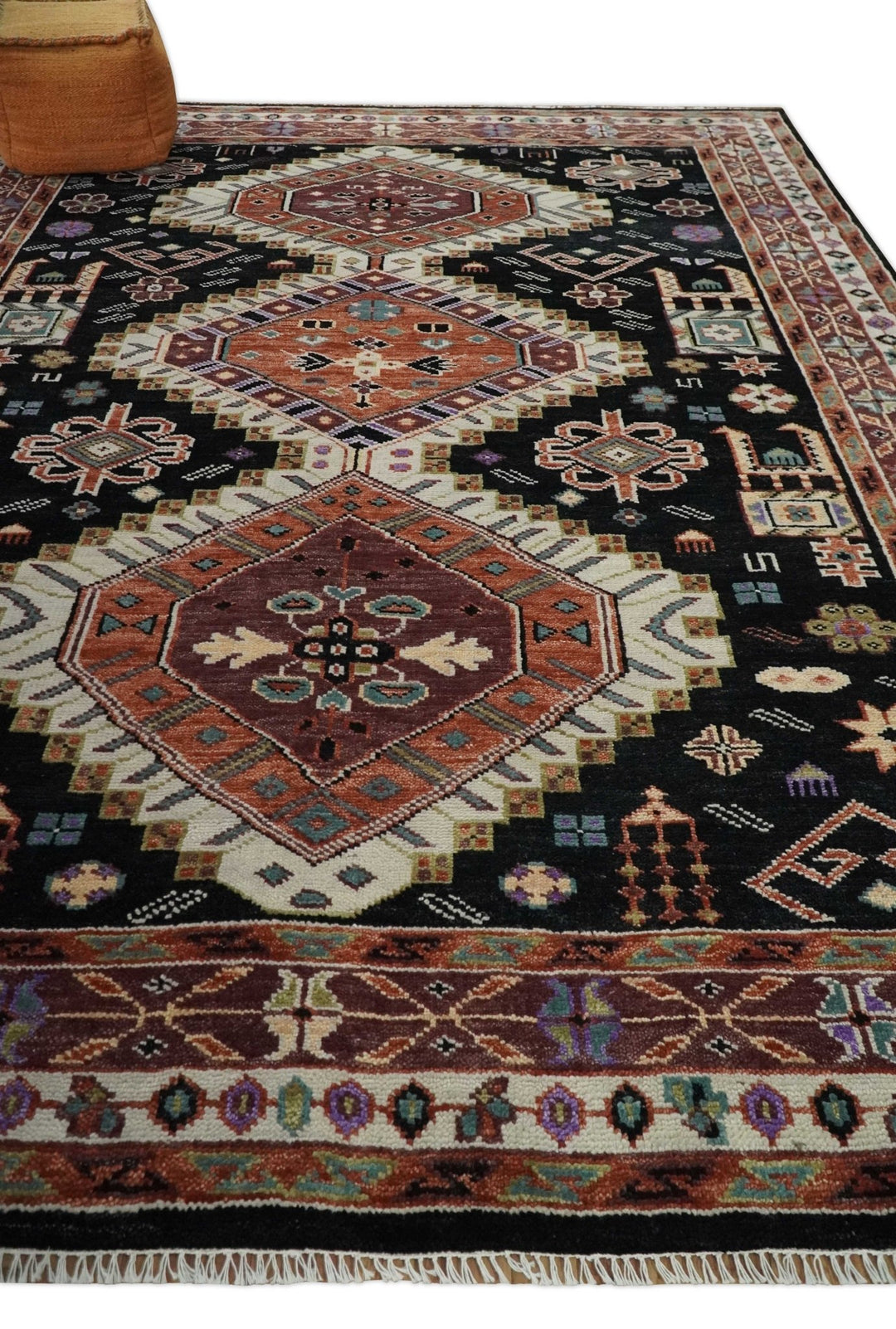 Hand Knotted Rust, Ivory and Black Traditional Heriz Wool Area Rug - The Rug Decor