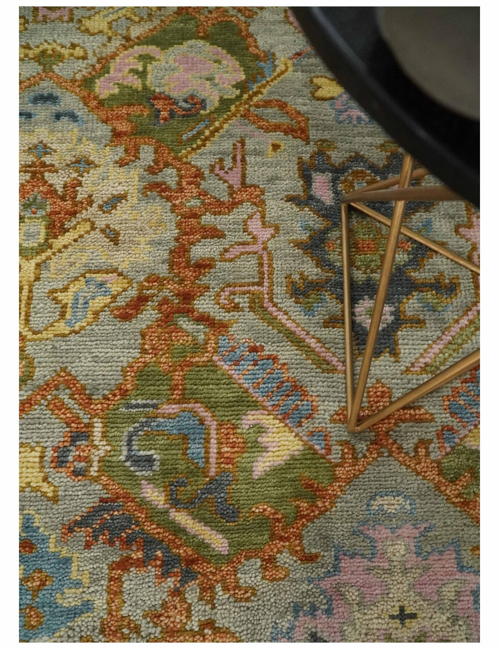 Hand knotted Silver, Rust and Pink Traditional Antique Moss Oushak Area Rug - The Rug Decor