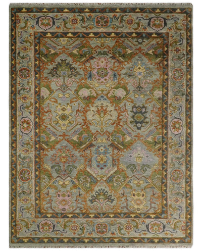 Hand knotted Silver, Rust and Pink Traditional Antique Moss Oushak Area Rug - The Rug Decor