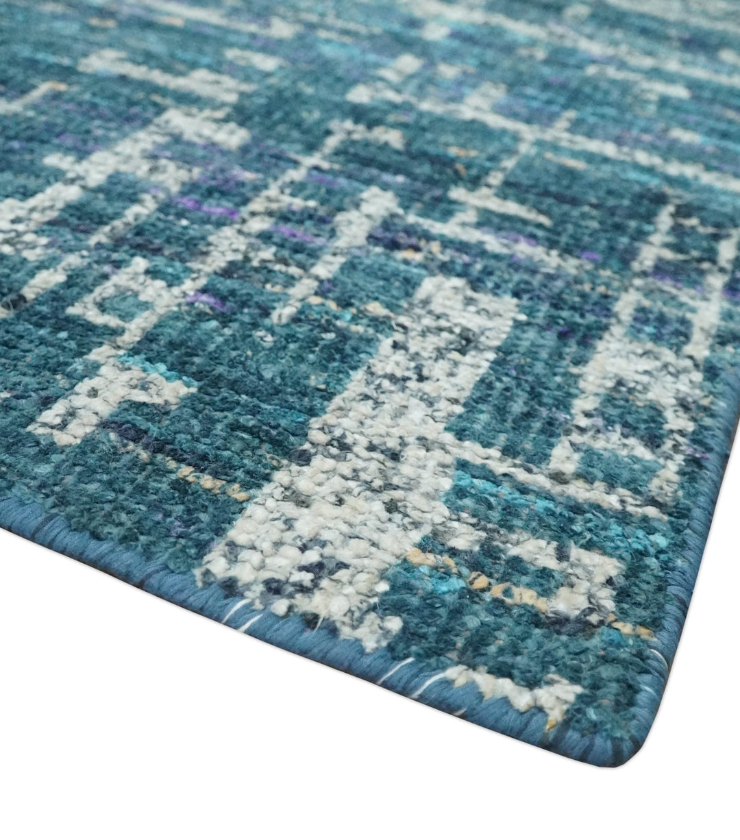 Hand Knotted Teal and Ivory Modern Abstract Contemporary Recycled Silk Area Rug - The Rug Decor