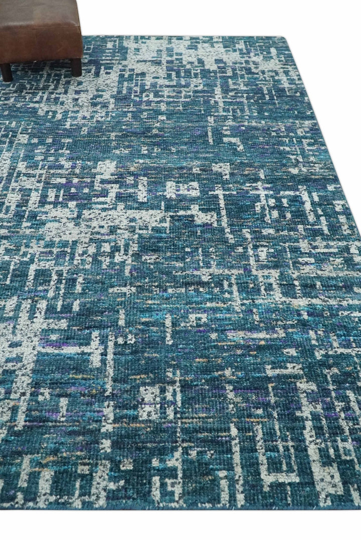 Hand Knotted Teal and Ivory Modern Abstract Contemporary Recycled Silk Area Rug - The Rug Decor