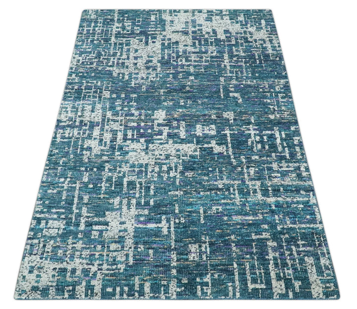 Hand Knotted Teal and Ivory Modern Abstract Contemporary Recycled Silk Area Rug - The Rug Decor