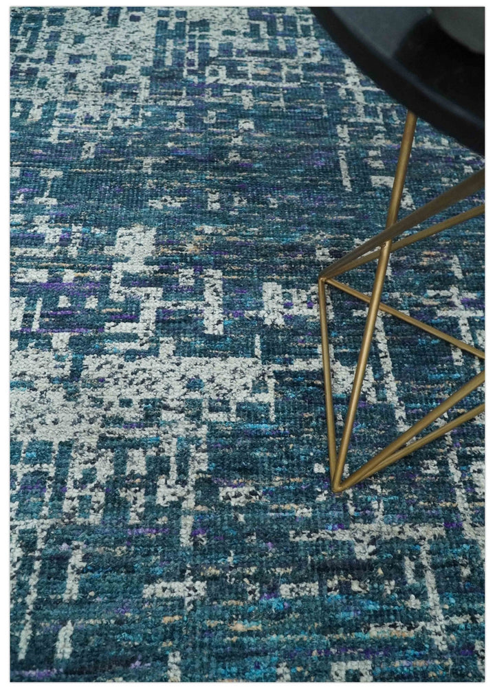 Hand Knotted Teal and Ivory Modern Abstract Contemporary Recycled Silk Area Rug - The Rug Decor