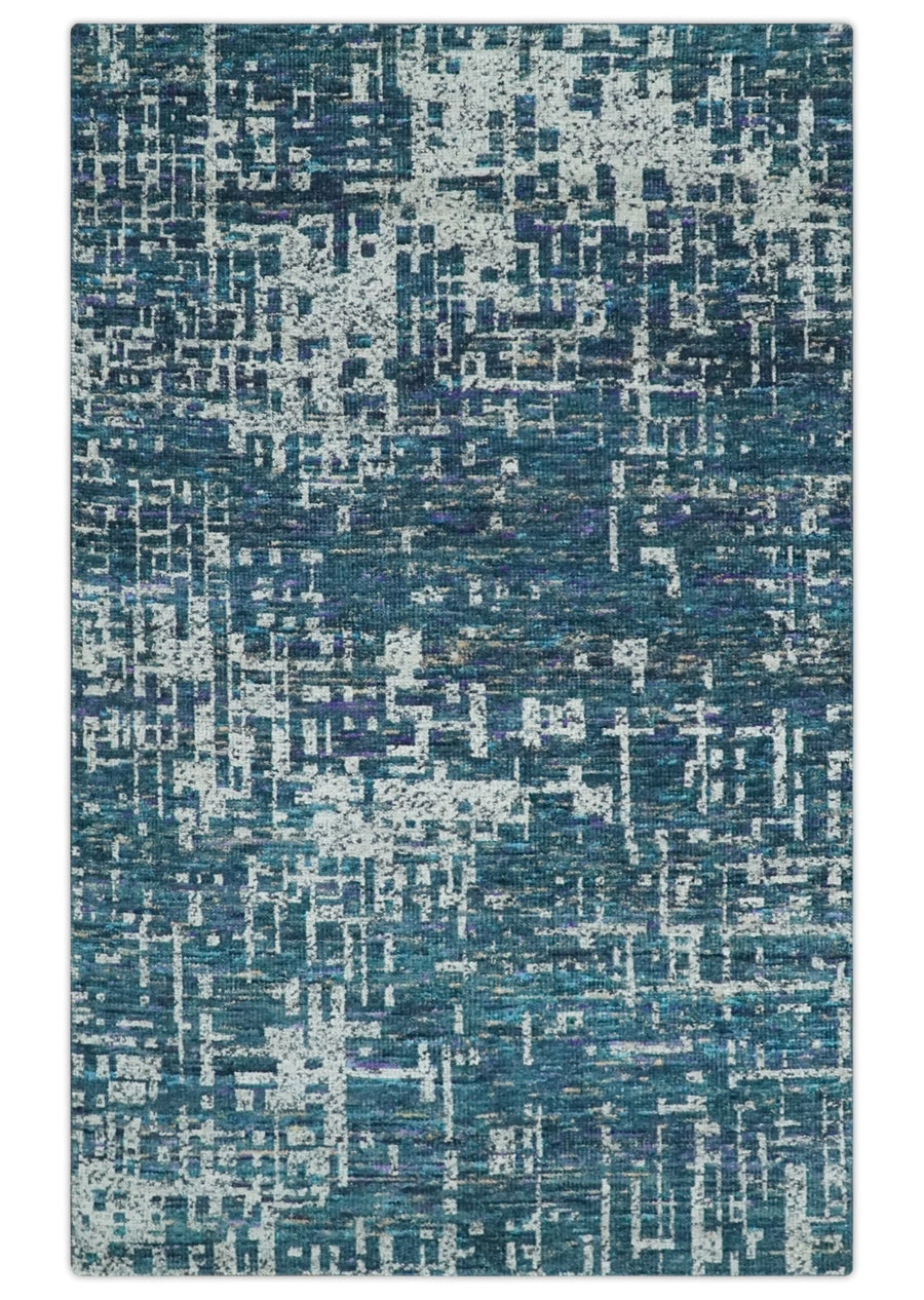 Hand Knotted Teal and Ivory Modern Abstract Contemporary Recycled Silk Area Rug - The Rug Decor