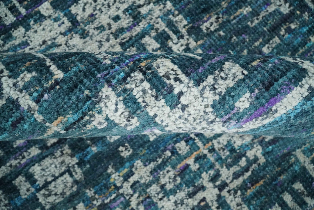 Hand Knotted Teal and Ivory Modern Abstract Contemporary Recycled Silk Area Rug - The Rug Decor