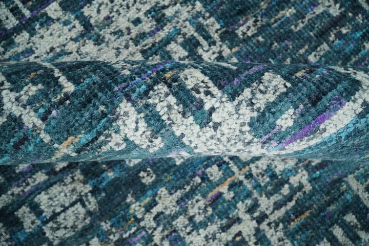 Hand Knotted Teal and Ivory Modern Abstract Contemporary Recycled Silk Area Rug - The Rug Decor