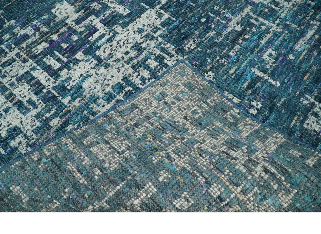 Hand Knotted Teal and Ivory Modern Abstract Contemporary Recycled Silk Area Rug - The Rug Decor