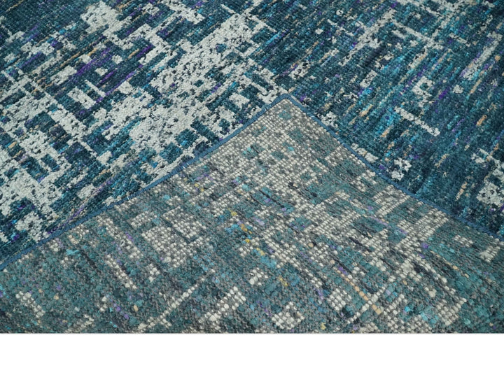 Hand Knotted Teal and Ivory Modern Abstract Contemporary Recycled Silk Area Rug - The Rug Decor