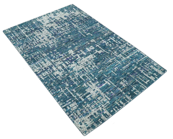 Hand Knotted Teal and Ivory Modern Abstract Contemporary Recycled Silk Area Rug - The Rug Decor