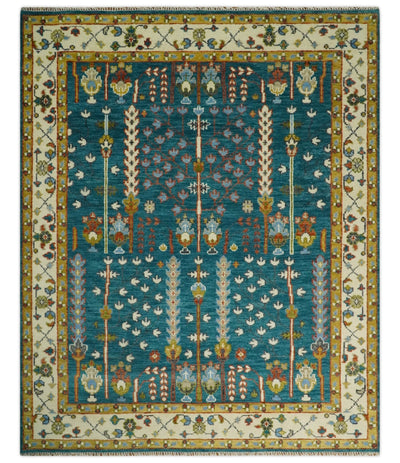 Hand Knotted Teal Blue and Ivory Tree of Life Traditional Vintage Style Wool Rug - The Rug Decor
