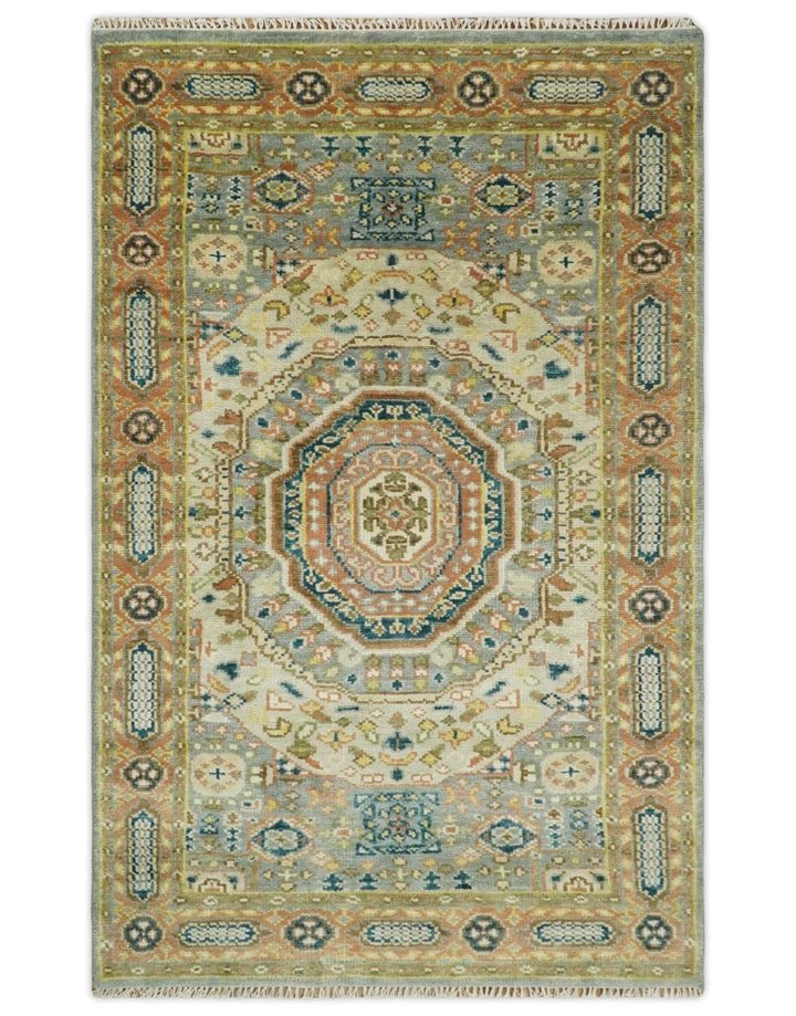 Hand Knotted traditional Kazak 5x8, 6x9 and 8x10 Silver, Blue and Rust Traditional Armenian Rug | TRDCP624 - The Rug Decor