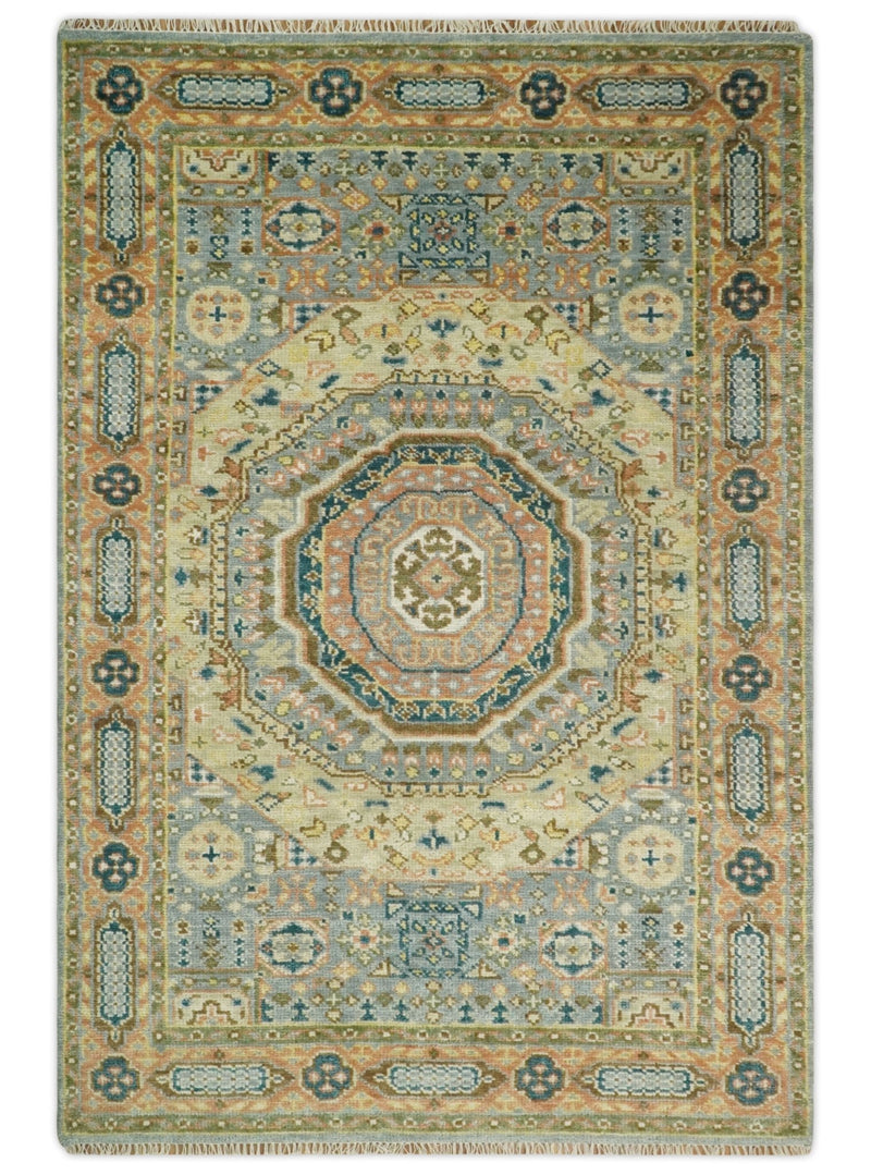 Hand Knotted traditional Kazak 6x9 and 8x10 Silver, Blue and Rust Traditional Armenian Rug | TRDCP624 - The Rug Decor