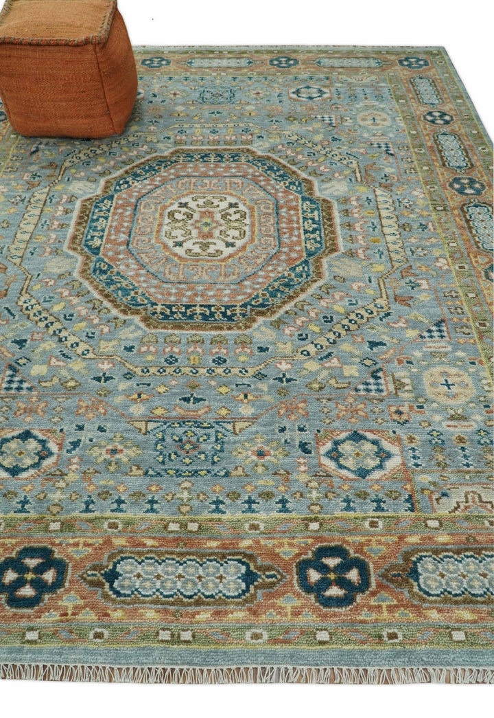 Hand Knotted traditional Kazak 8x10 Blue and Rust Traditional Armenian Rug | TRDCP134810 - The Rug Decor