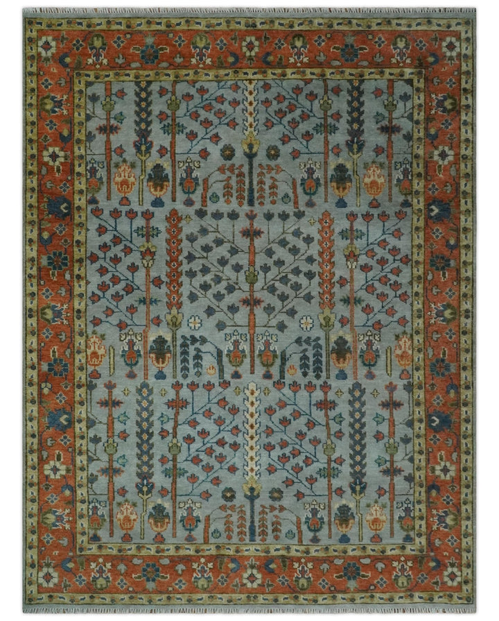 Hand Knotted Tree of Life Rust and Blue Traditional Turkish Design Wool Rug - The Rug Decor