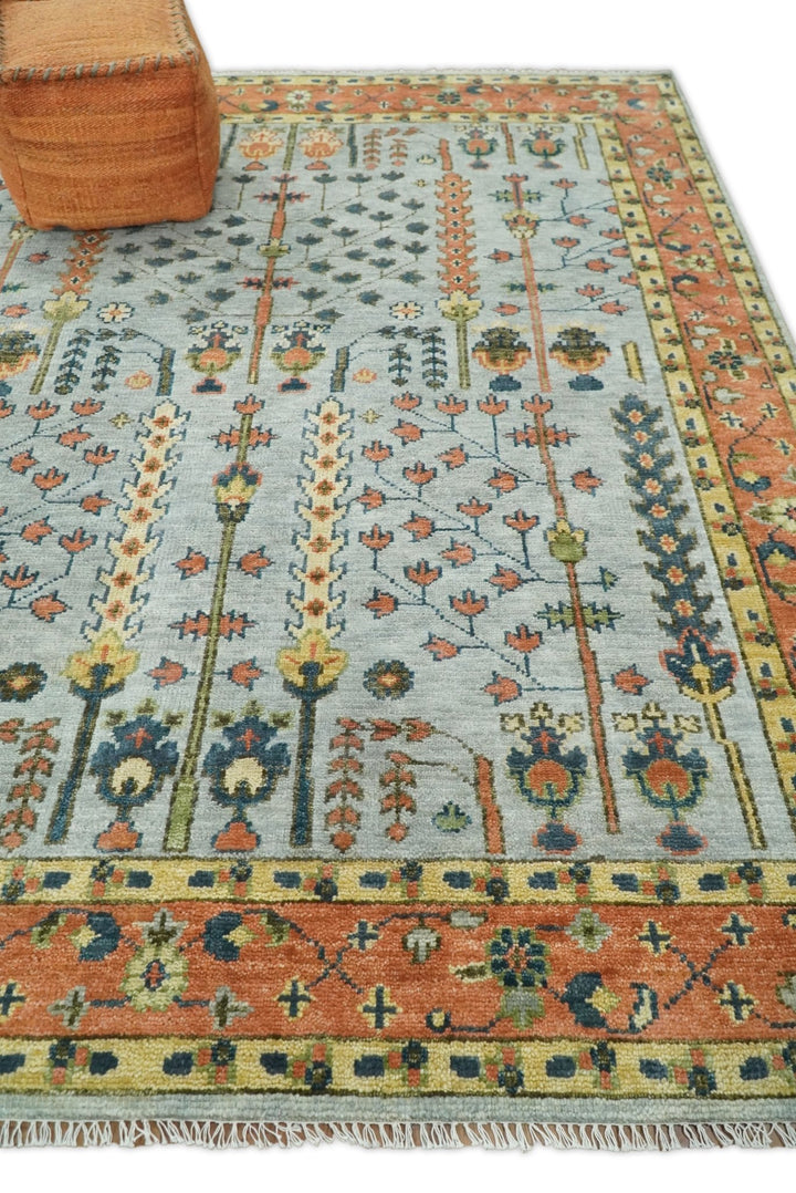 Hand Knotted Tree of Life Rust and Blue Traditional Turkish Design Wool Rug - The Rug Decor