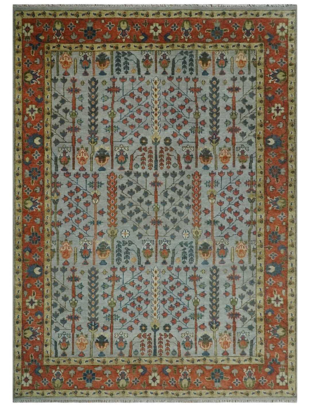 Hand Knotted Tree of Life Rust and Blue Traditional Turkish Design Wool Rug - The Rug Decor