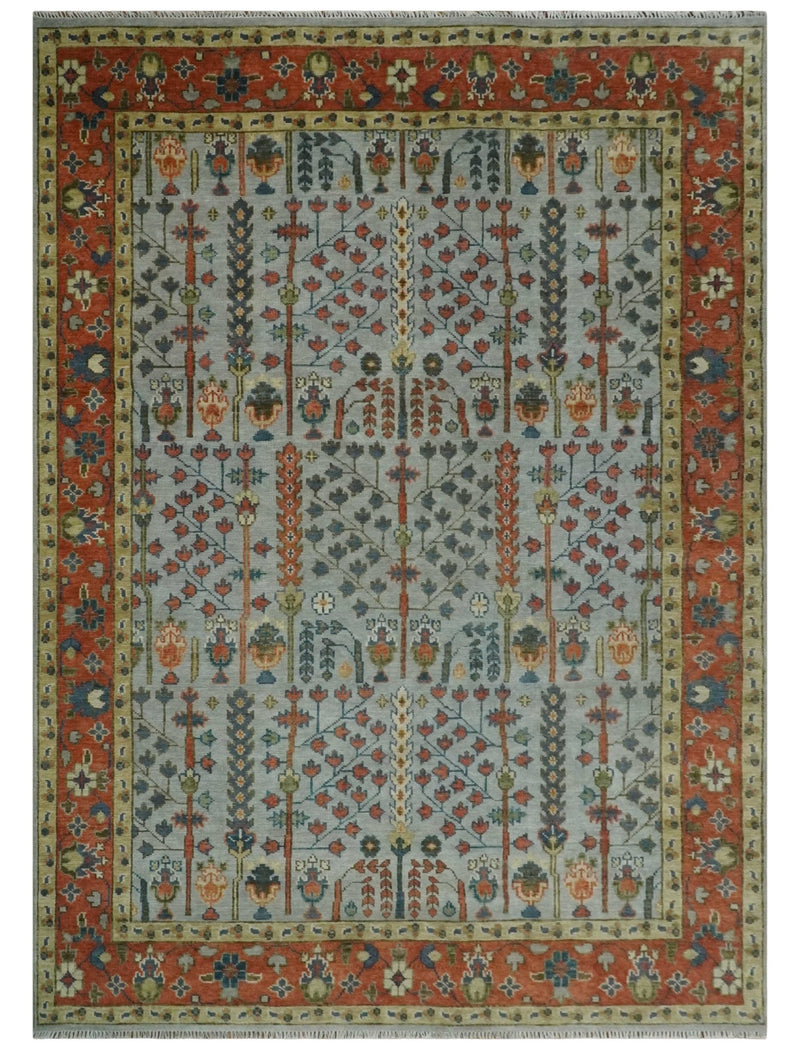 Hand Knotted Tree of Life Rust and Blue Traditional Turkish Design Wool Rug - The Rug Decor