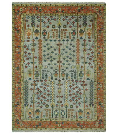 Hand Knotted Tree of Life Rust and Blue Traditional Turkish Design Wool Rug - The Rug Decor