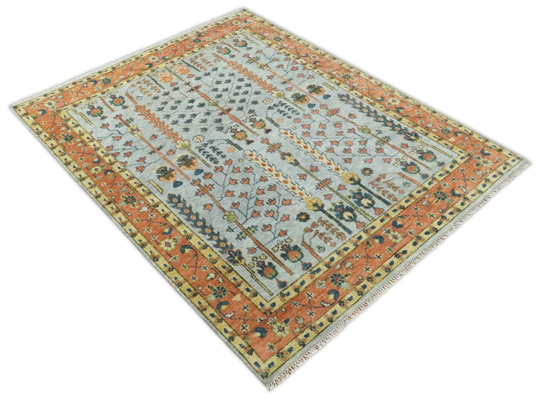 Hand Knotted Tree of Life Rust and Blue Traditional Turkish Design Wool Rug - The Rug Decor