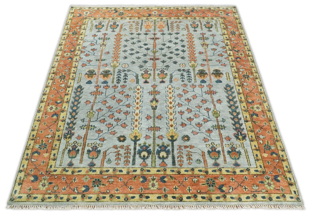 Hand Knotted Tree of Life Rust and Blue Traditional Turkish Design Wool Rug - The Rug Decor