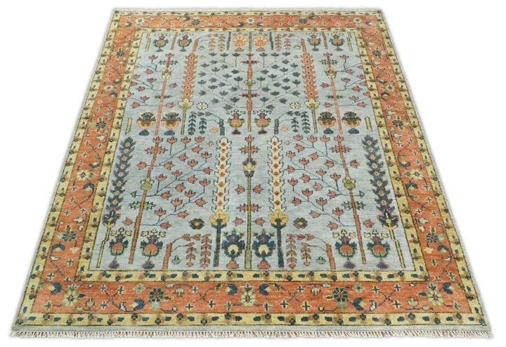 Hand Knotted Tree of Life Rust and Blue Traditional Turkish Design Wool Rug - The Rug Decor