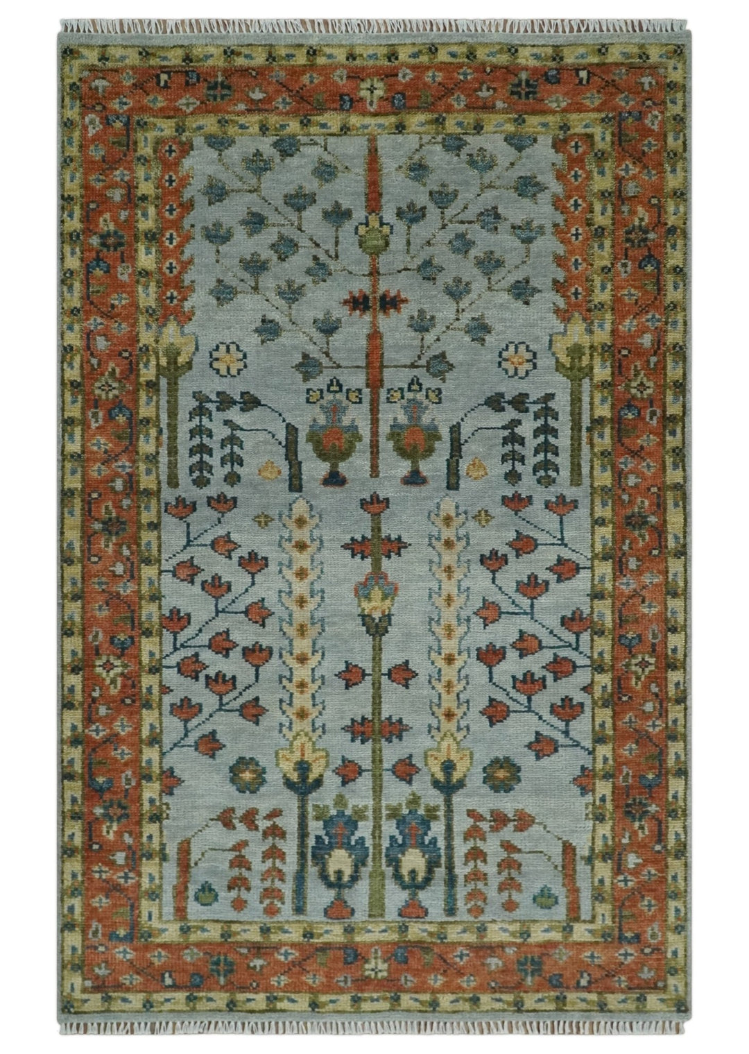 Hand Knotted Tree of Life Rust and Blue Traditional Turkish Design Wool Rug - The Rug Decor