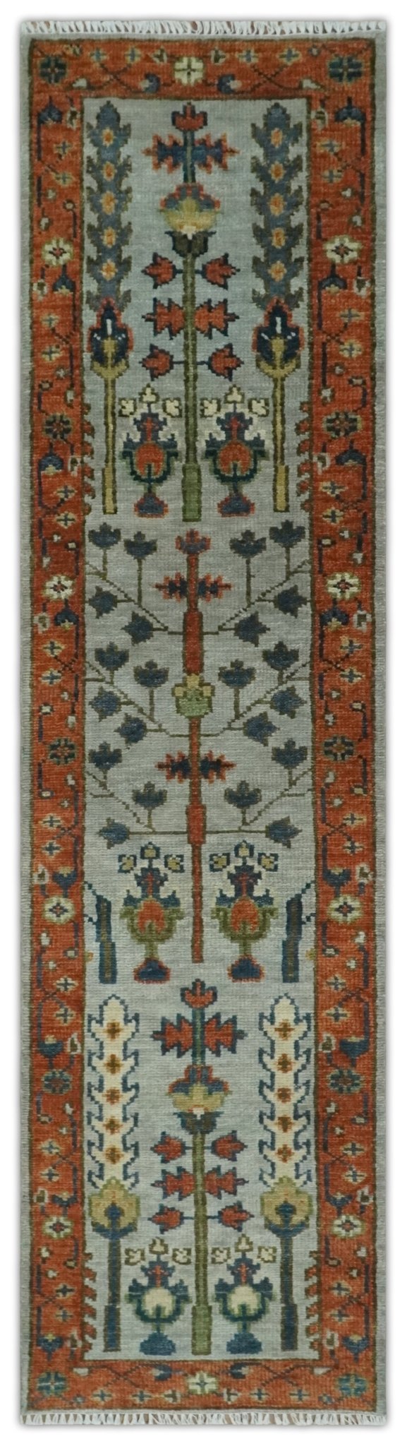 Hand Knotted Tree of Life Rust and Blue Traditional Turkish Design Wool Rug - The Rug Decor