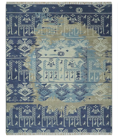 Hand Knotted Tribal Abstract 8x10 Blue, Beige and Ivory Low Pile Wool Area Rug | AC13810 - The Rug Decor