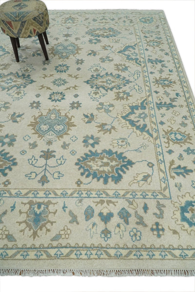 Hand Knotted Turkish Oushak 8x10 Antique Ivory and Blue Vintage Wool Area Rug | TRDCP257810 - The Rug Decor