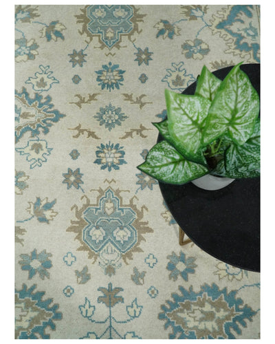 Hand Knotted Turkish Oushak 8x10 Antique Ivory and Blue Vintage Wool Area Rug | TRDCP257810 - The Rug Decor
