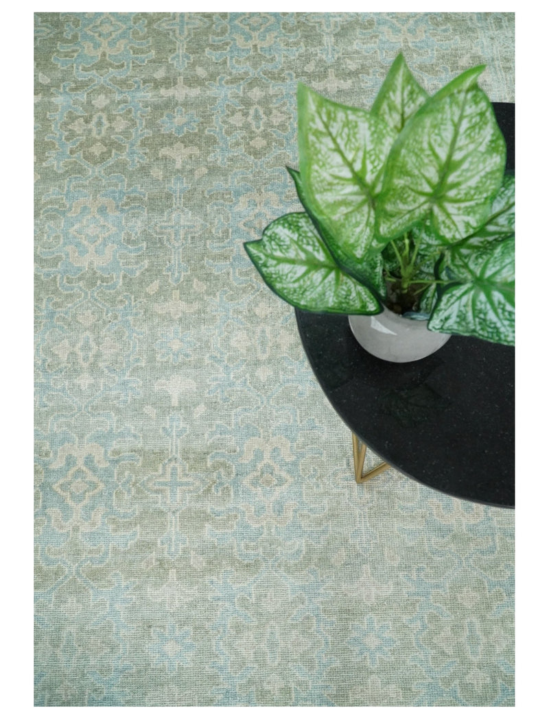 Hand knotted Turkish style muted Wool and silk blend 8x10 Blue and Green Area Rug | EMP5 - The Rug Decor