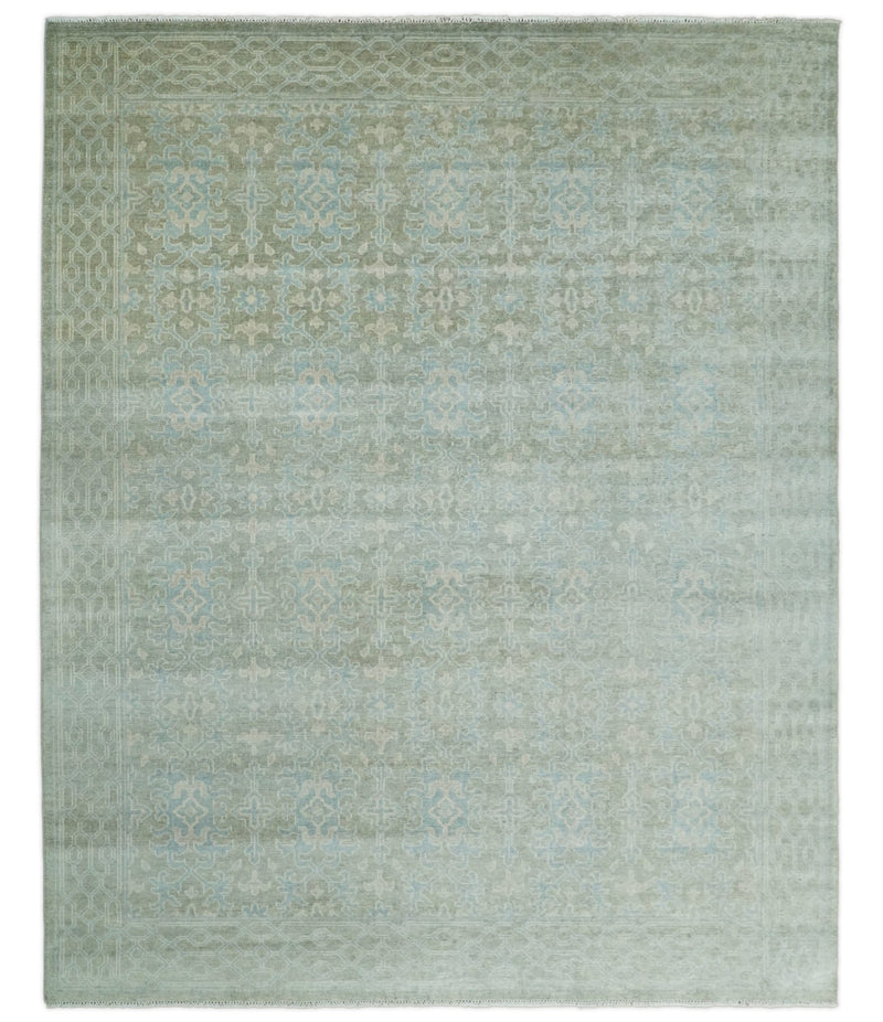 Hand knotted Turkish style muted Wool and silk blend 8x10 Blue and Green Area Rug | EMP5 - The Rug Decor
