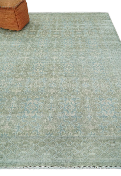 Hand knotted Turkish style muted Wool and silk blend 8x10 Blue and Green Area Rug | EMP5 - The Rug Decor