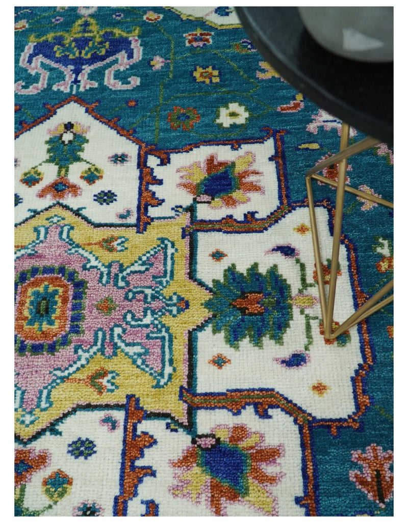 Hand Knotted White, Gold and Blue Multi Sizes Vibrant Colorful Heriz Medallion Area Rug - The Rug Decor