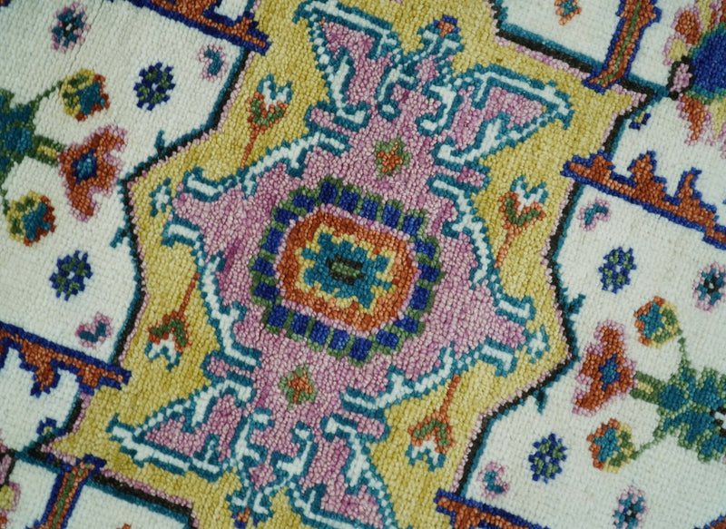 Hand Knotted White, Gold and Blue Multi Sizes Vibrant Colorful Heriz Medallion Area Rug - The Rug Decor