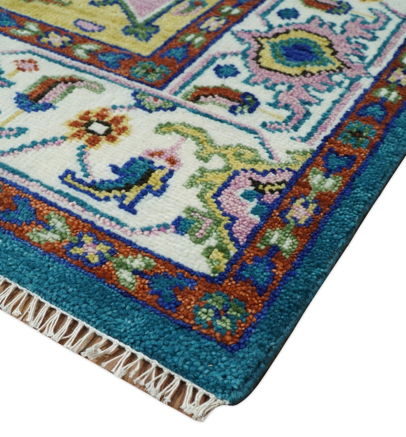 Hand Knotted White, Gold and Blue Multi Sizes Vibrant Colorful Heriz Medallion Area Rug - The Rug Decor