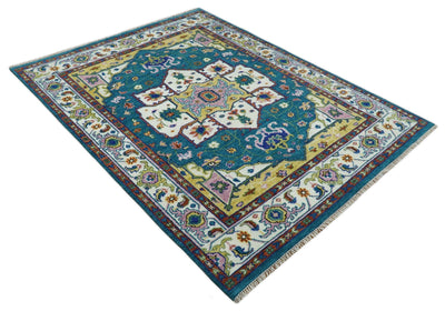 Hand Knotted White, Gold and Blue Multi Sizes Vibrant Colorful Heriz Medallion Area Rug - The Rug Decor