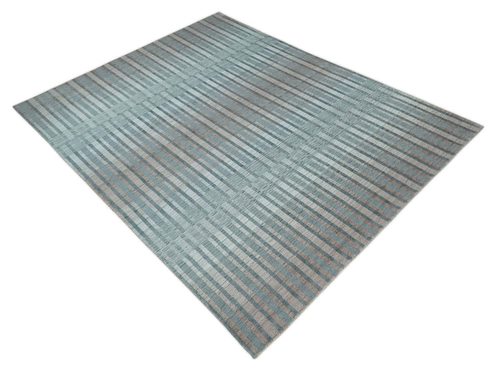 Hand Made 8x10 Modern Stripes Peach, Gray and Silver Scandinavian Blended Wool Flatwoven Area Rug | KE17 - The Rug Decor