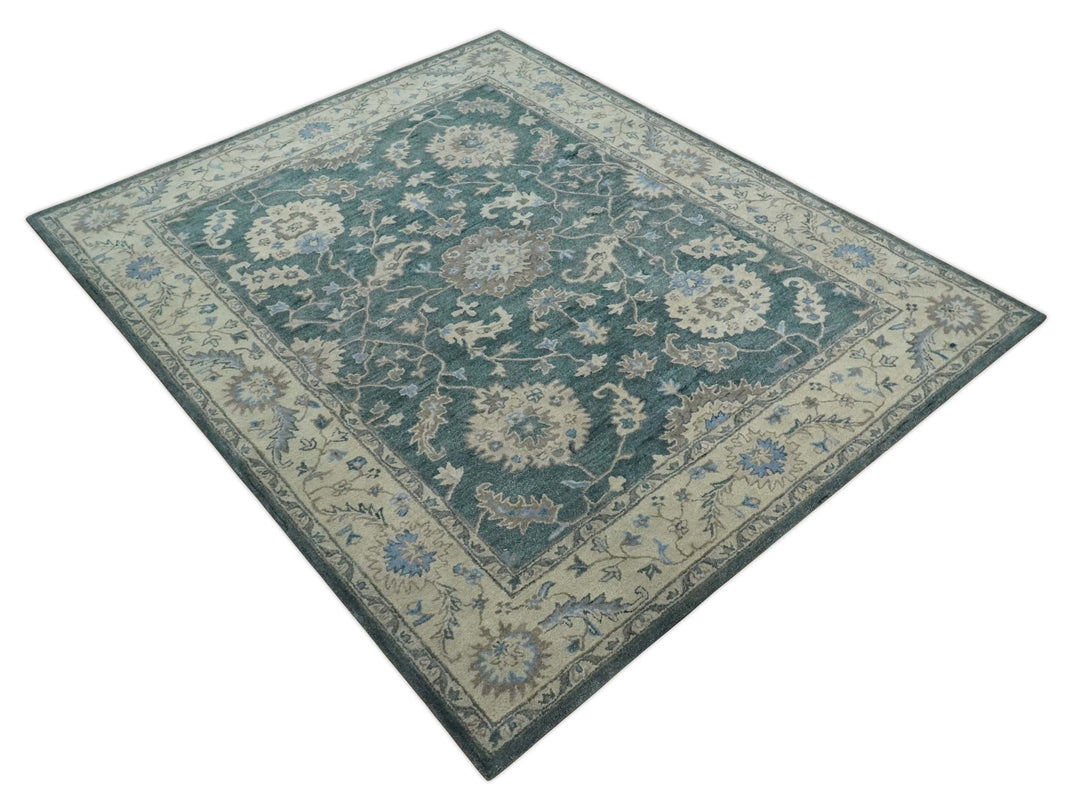 Hand Tufted 2x3, 3x5, 5x8, 6x9, 8x10 and 9x12 Vintage Persian Oushak Design Teal and Beige Antique Hand Tufted Wool Area Rug | TRD6443 - The Rug Decor